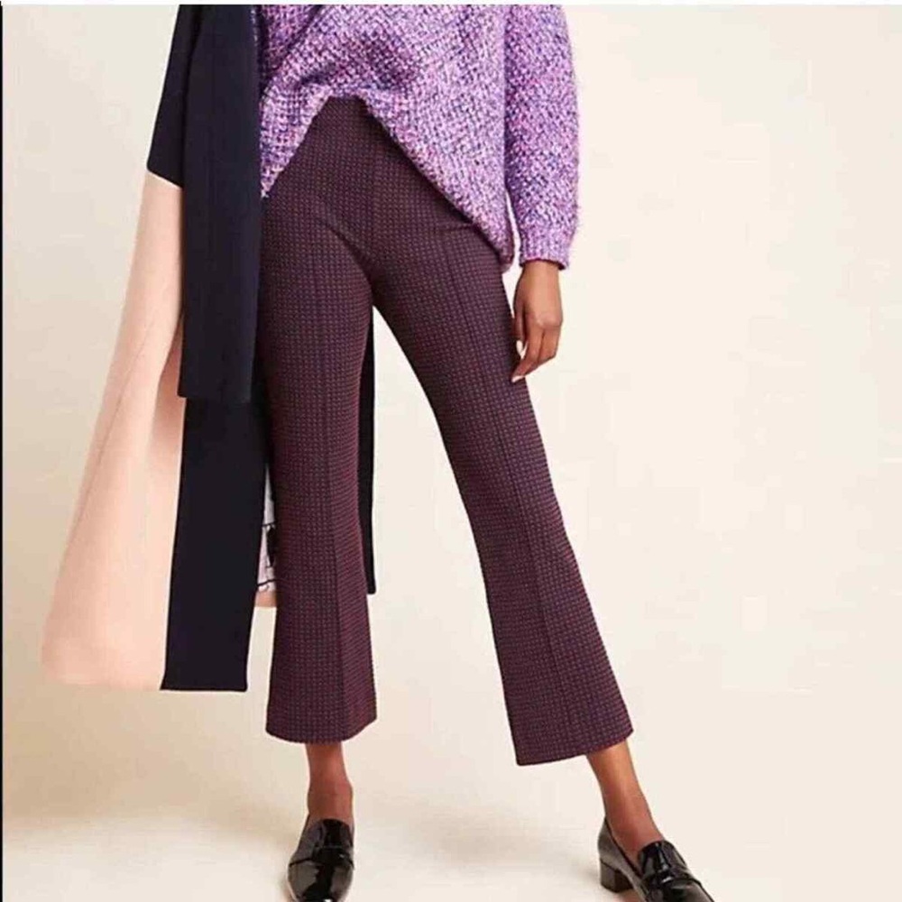 NWT Anthropologie the Essential Crop Flare Navy Burgundy Check Pull-On Pant